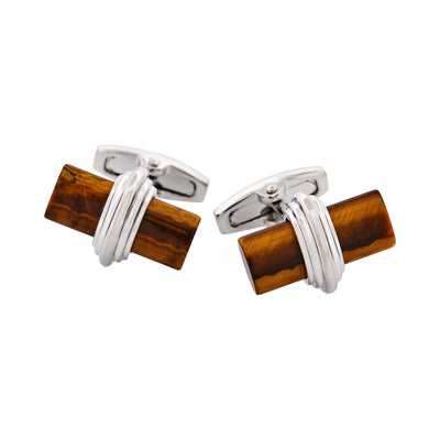 Polished Rhodium Plated Centre Tiger Eye T-Bar Cufflinks