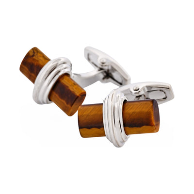 Polished Rhodium Plated Centre Tiger Eye T-Bar Cufflinks
