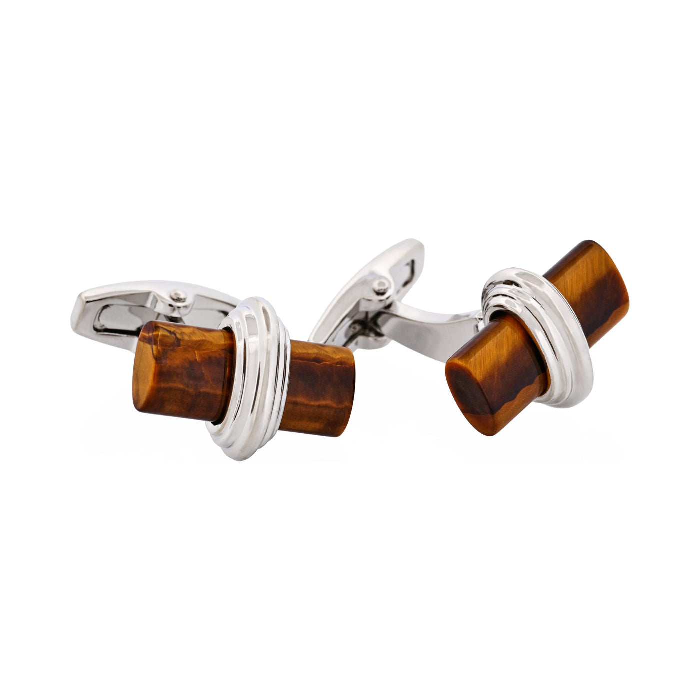 Polished Rhodium Plated Centre Tiger Eye T-Bar Cufflinks