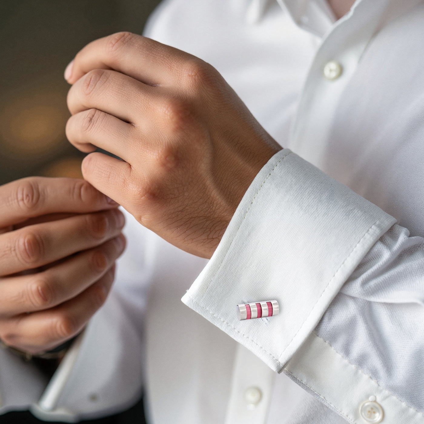 Rhodium Plated & Pink Mop Tube Cufflinks