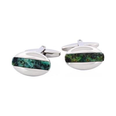 Polished Rhodium Plated Oval Cufflinks with African Turquoise Inlay