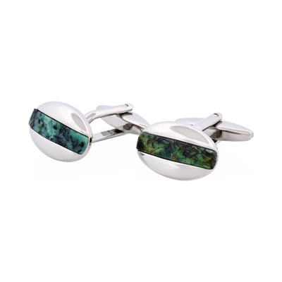 Polished Rhodium Plated Oval Cufflinks with African Turquoise Inlay