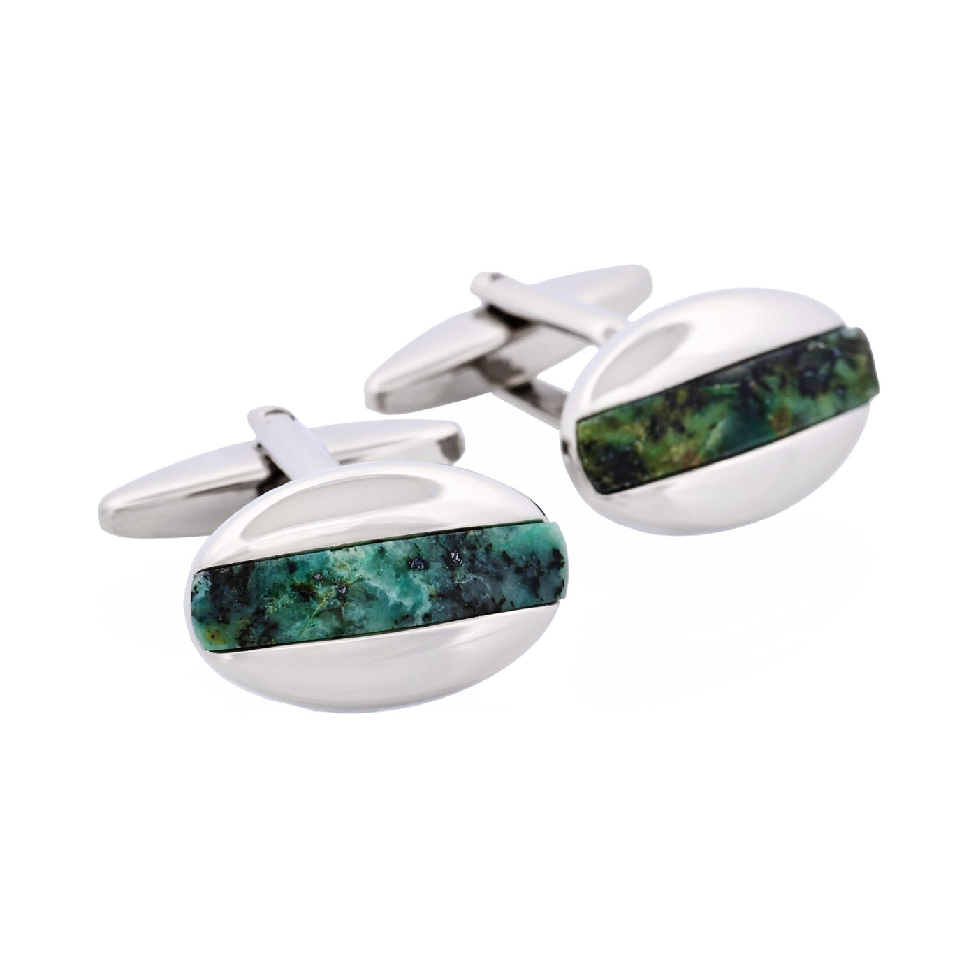 Polished Rhodium Plated Oval Cufflinks with African Turquoise Inlay