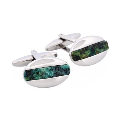 Polished Rhodium Plated Oval Cufflinks with African Turquoise Inlay