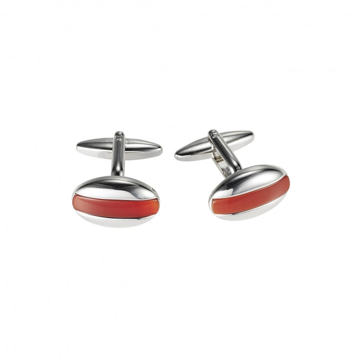 Polished Rhodium Plated Oval Cufflinks with Red Agate Inlay
