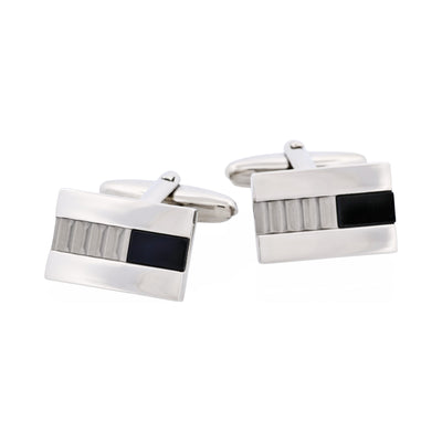 Polished Rhodium Plated Onyx with Corrugated Pattern Rectangle Cufflinks