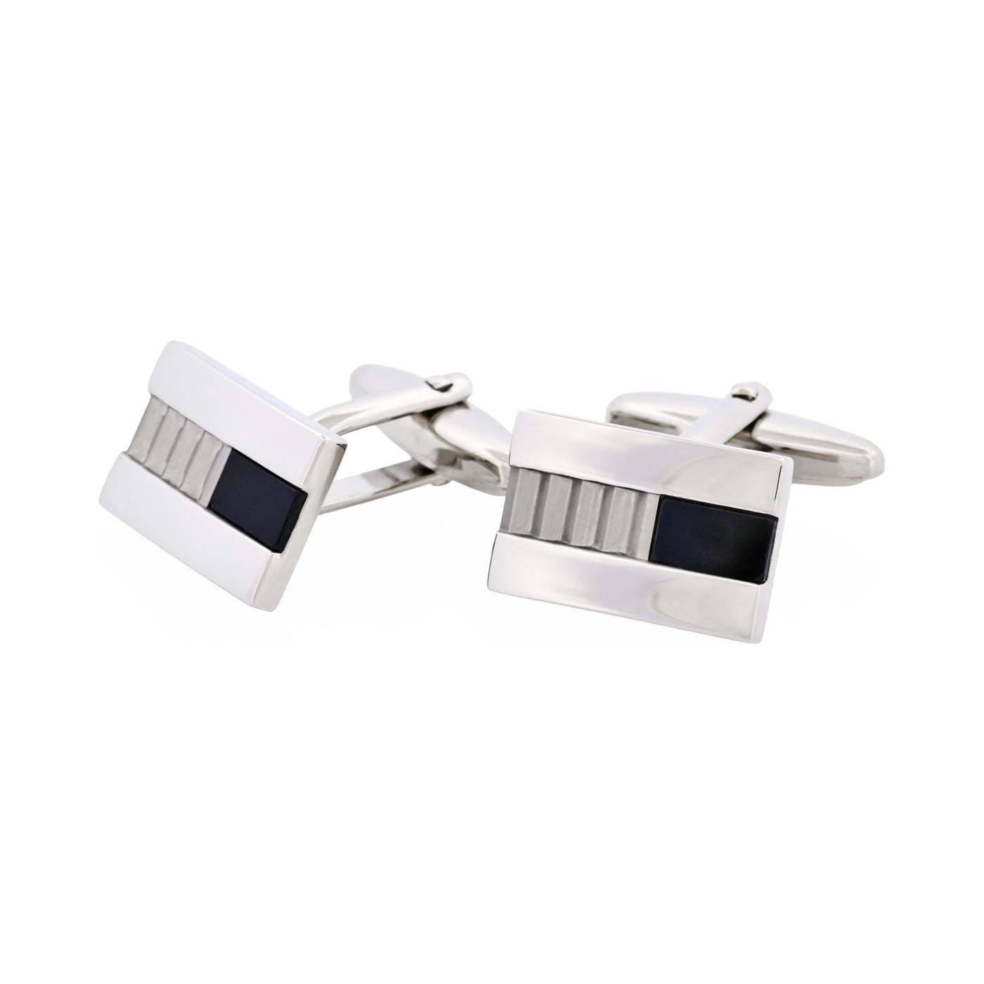 Polished Rhodium Plated Onyx with Corrugated Pattern Rectangle Cufflinks