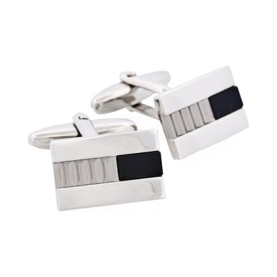 Polished Rhodium Plated Onyx with Corrugated Pattern Rectangle Cufflinks