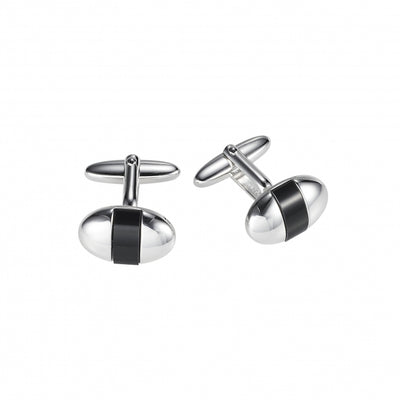 Polished Rhodium Plated Oval Cufflinks with Onyx Inlay