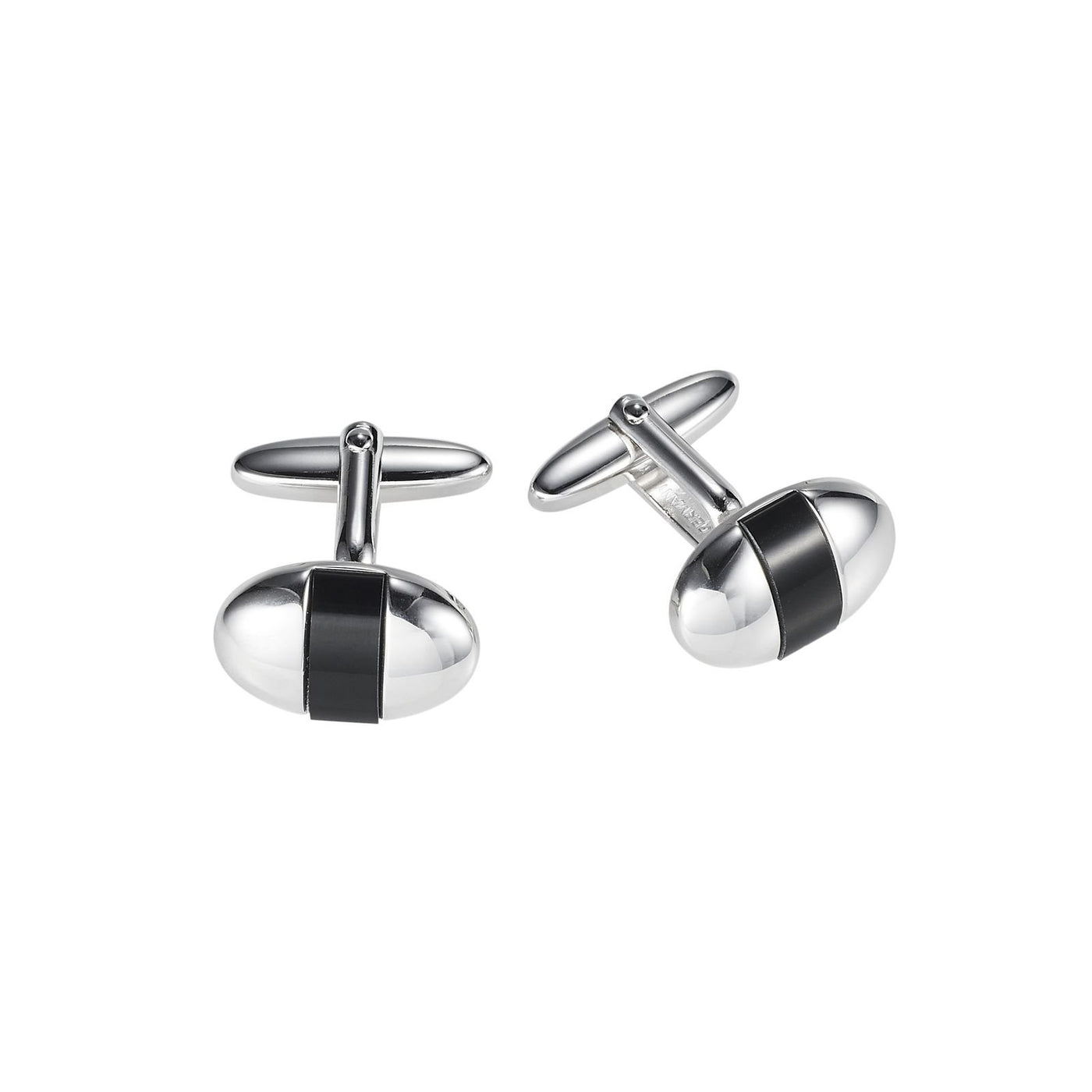 Polished Rhodium Plated Oval Cufflinks with Onyx Inlay