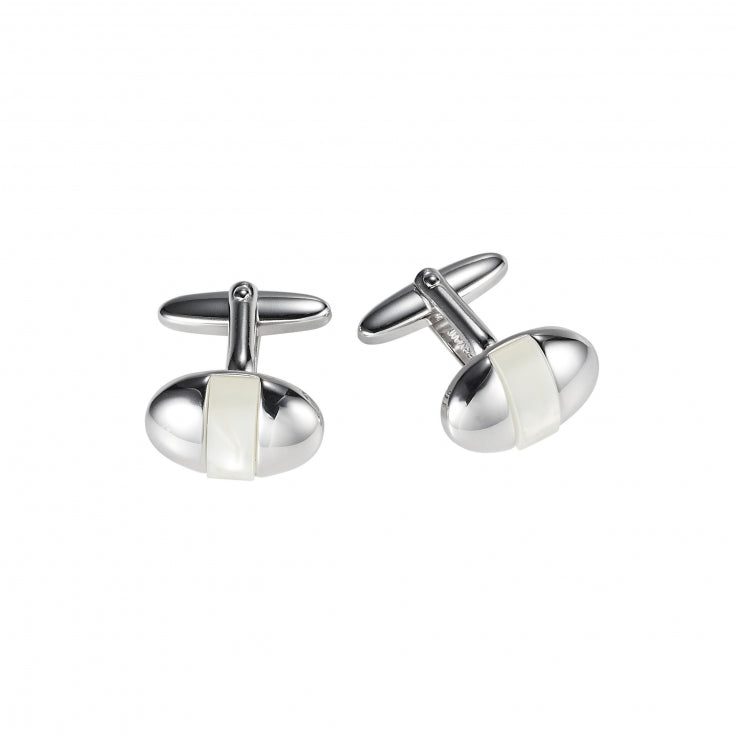 Polished Rhodium Plated Oval Cufflinks with Mother Of Pearl Inlay