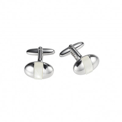 Polished Rhodium Plated Oval Cufflinks with Mother Of Pearl Inlay