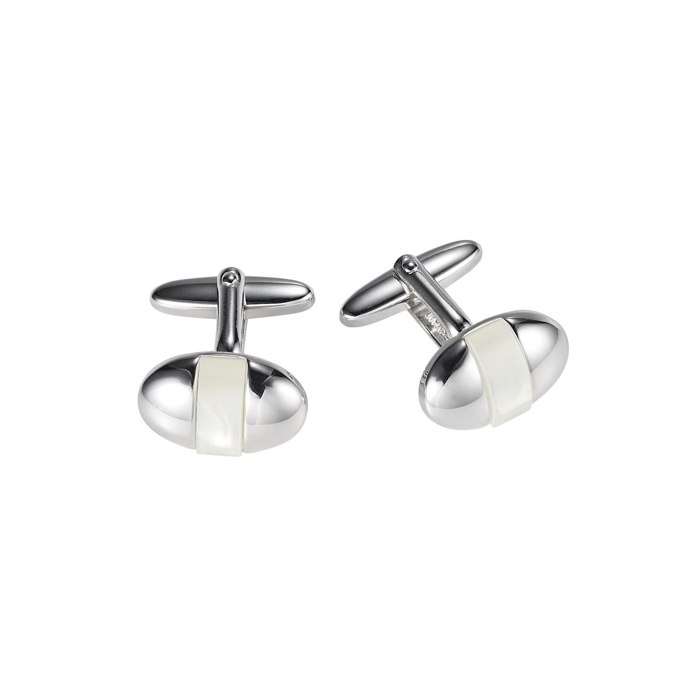 Polished Rhodium Plated Oval Cufflinks with Mother Of Pearl Inlay