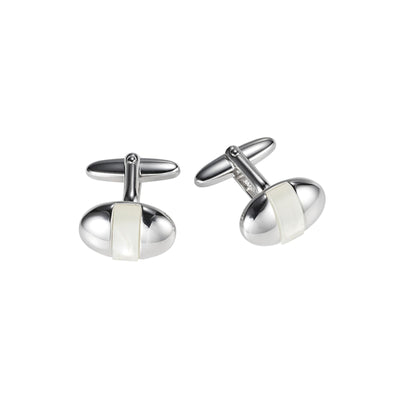 Polished Rhodium Plated Oval Cufflinks with Mother Of Pearl Inlay
