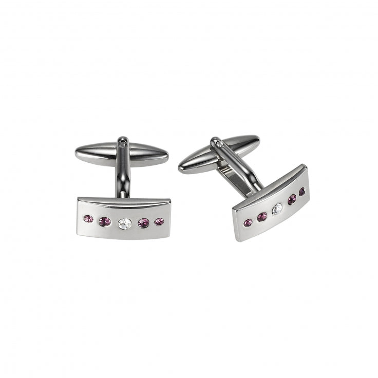 Polished Rhodium Plated Rectangle Cufflinks with Light Purple & White Austrian Crystals