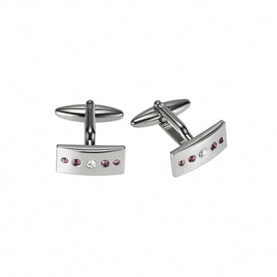 Polished Rhodium Plated Rectangle Cufflinks with Light Purple & White Austrian Crystals