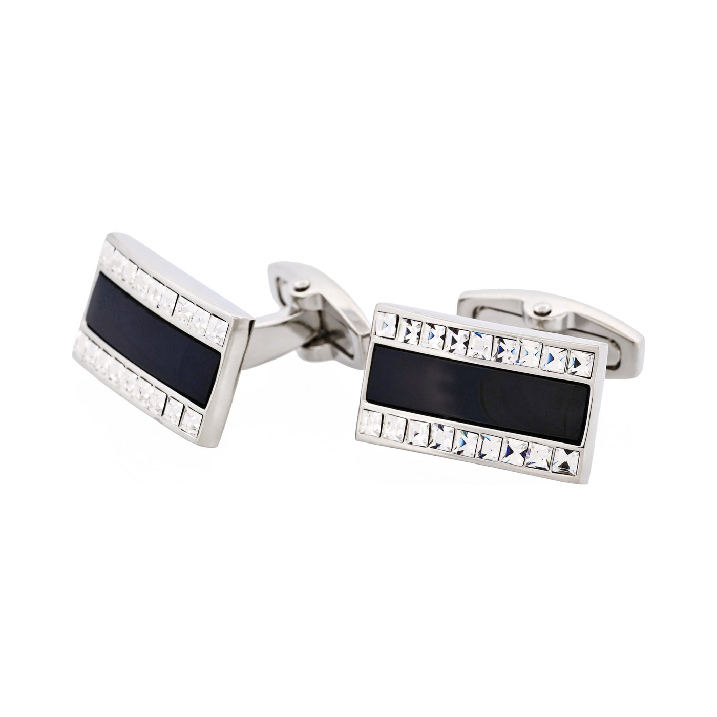 Polished Rhodium with Onyx & Crystal Rectangle Cufflinks
