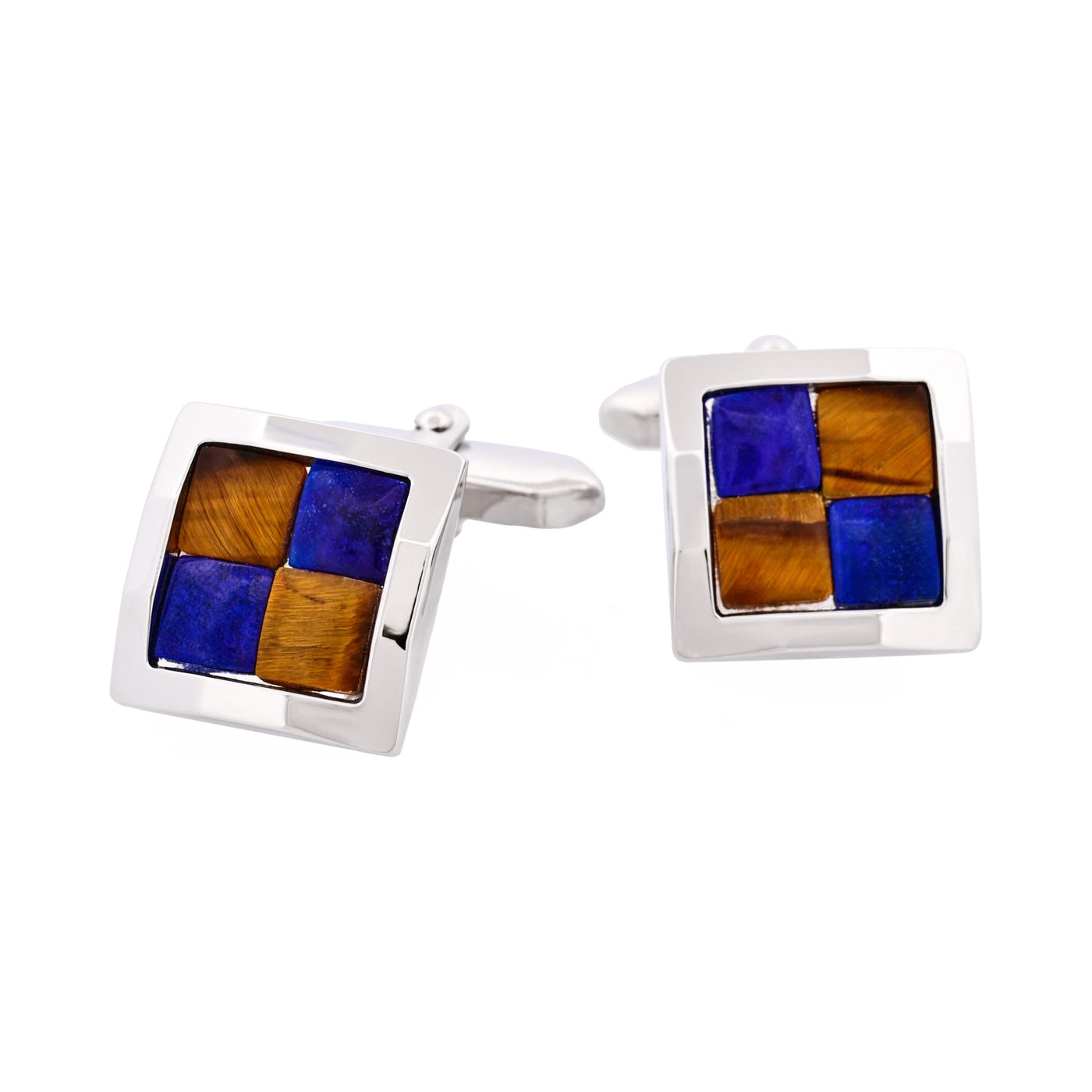 Rhodium Plated & Tiger Eye & Lapis Check Cufflinks
