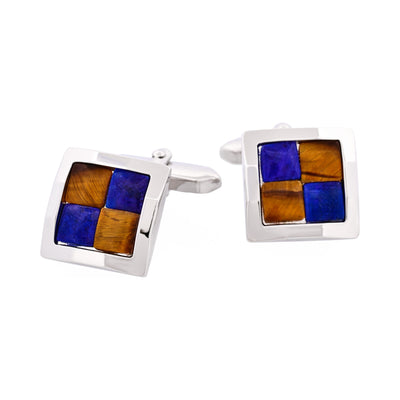 Rhodium Plated & Tiger Eye & Lapis Check Cufflinks
