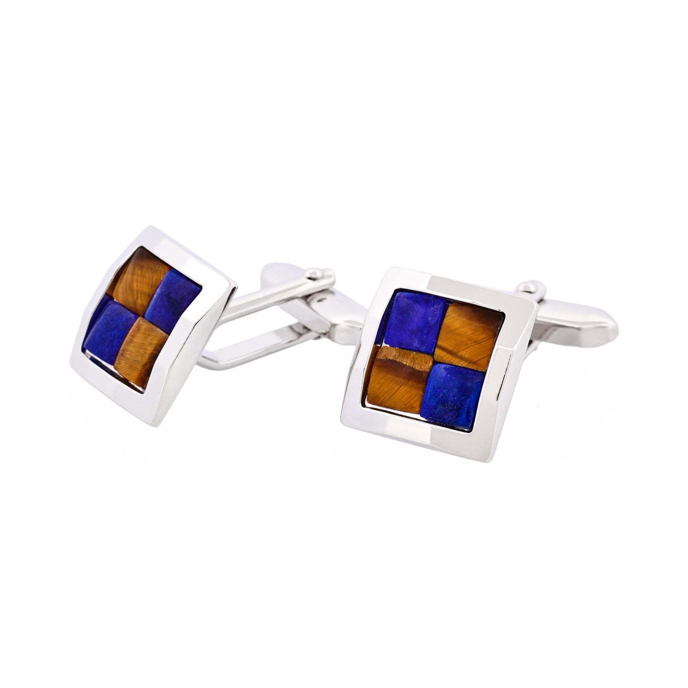 Rhodium Plated & Tiger Eye & Lapis Check Cufflinks