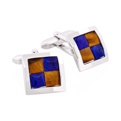 Rhodium Plated & Tiger Eye & Lapis Check Cufflinks