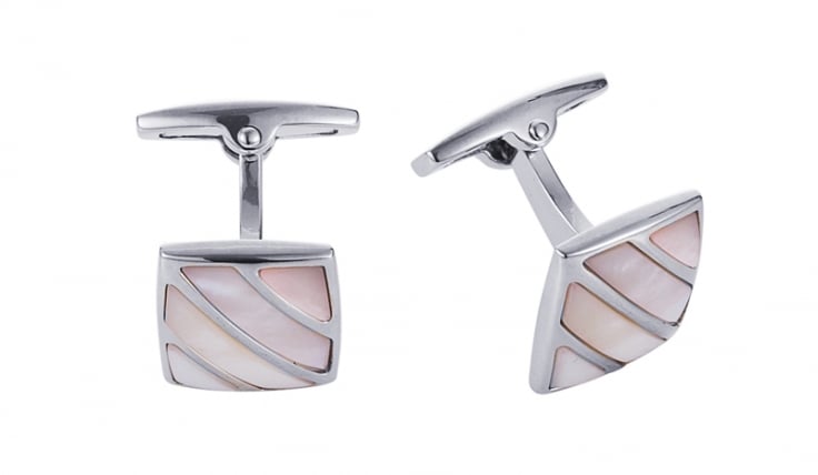 Polished Rhodium Stripe Pink Mother Of Pearl Cufflinks