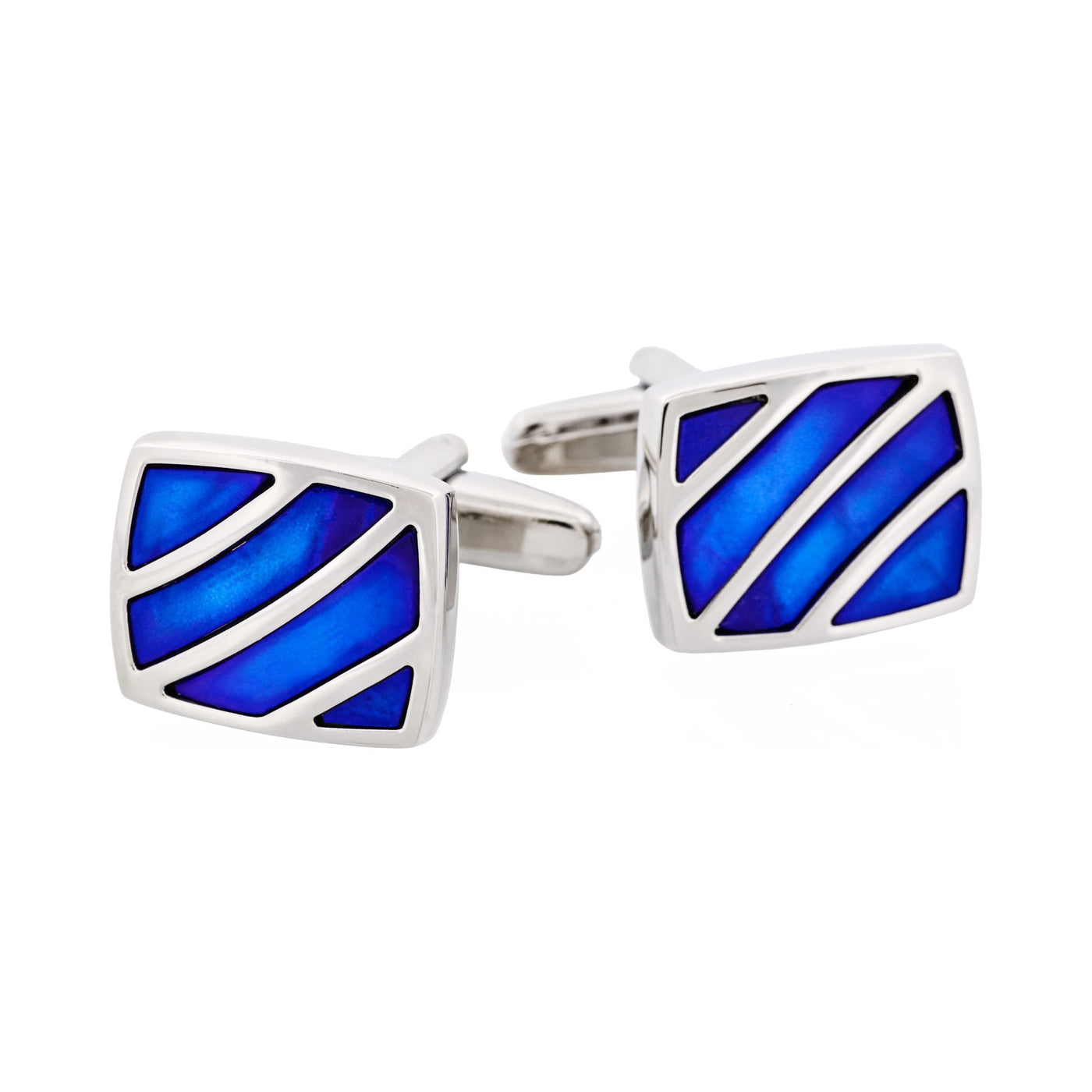 Polished Rhodium Stripe Blue Mother Of Pearl Cufflinks