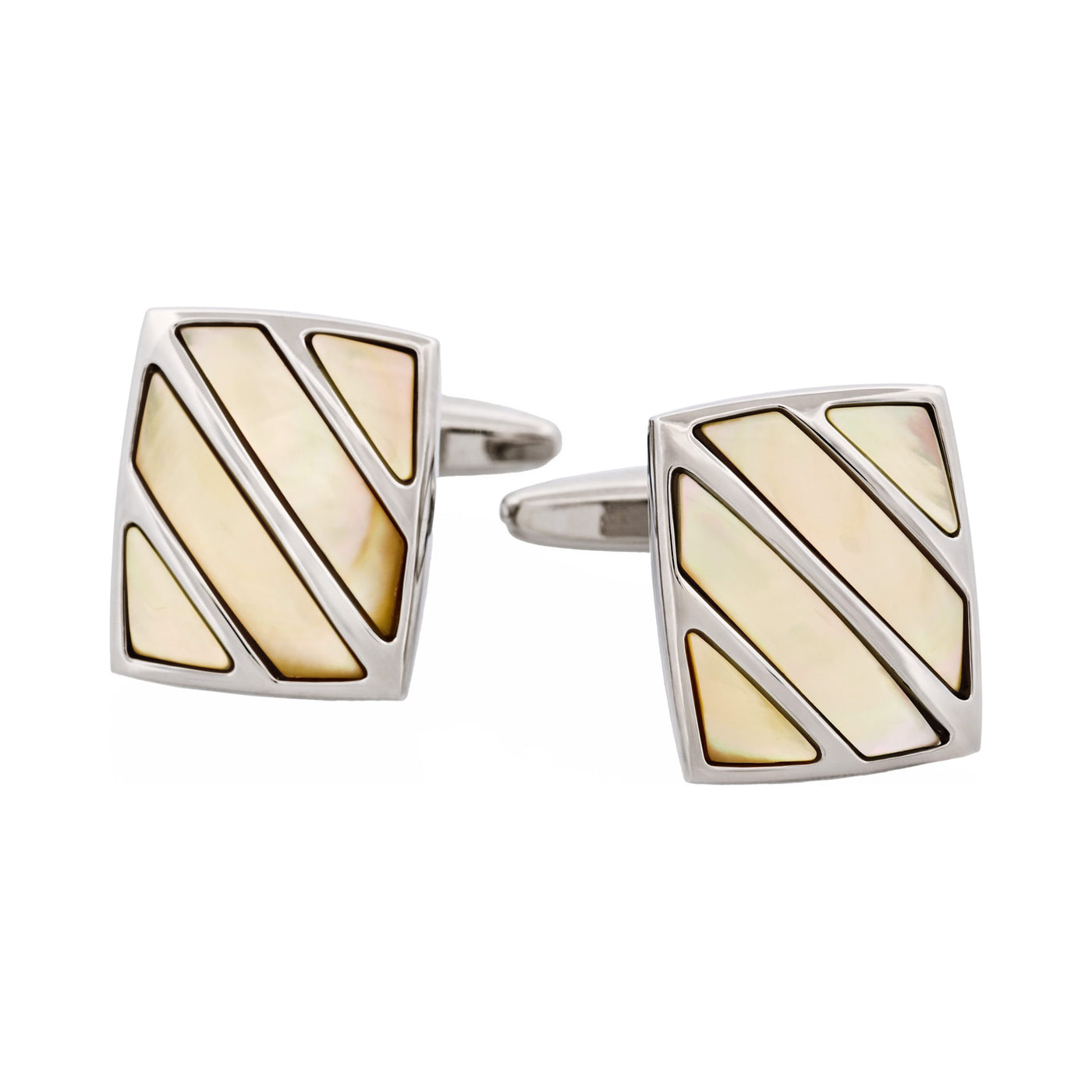 Polished Rhodium Stripe Yellow Mother Of Pearl Cufflinks