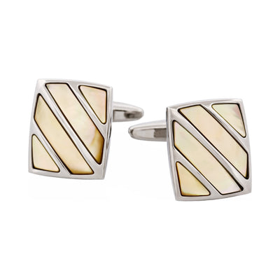 Polished Rhodium Stripe Yellow Mother Of Pearl Cufflinks