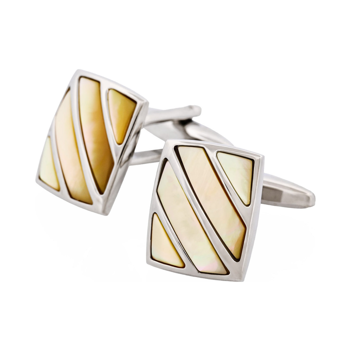 Polished Rhodium Stripe Yellow Mother Of Pearl Cufflinks