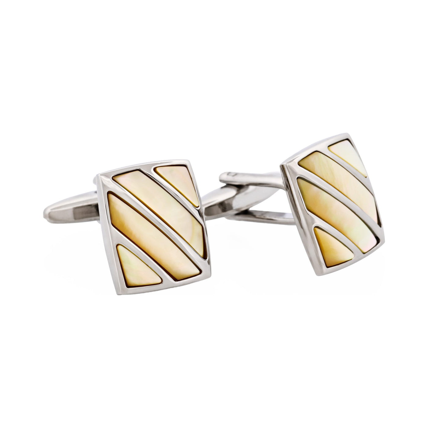 Polished Rhodium Stripe Yellow Mother Of Pearl Cufflinks