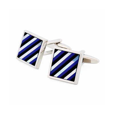 Rhodium Mop & Lapis & Onyx Square Striped Cufflinks