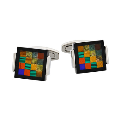 Rhodium Plated Onyx & Tiger Eye & Unakite & Green Aventurine & Red Agate Cufflinks