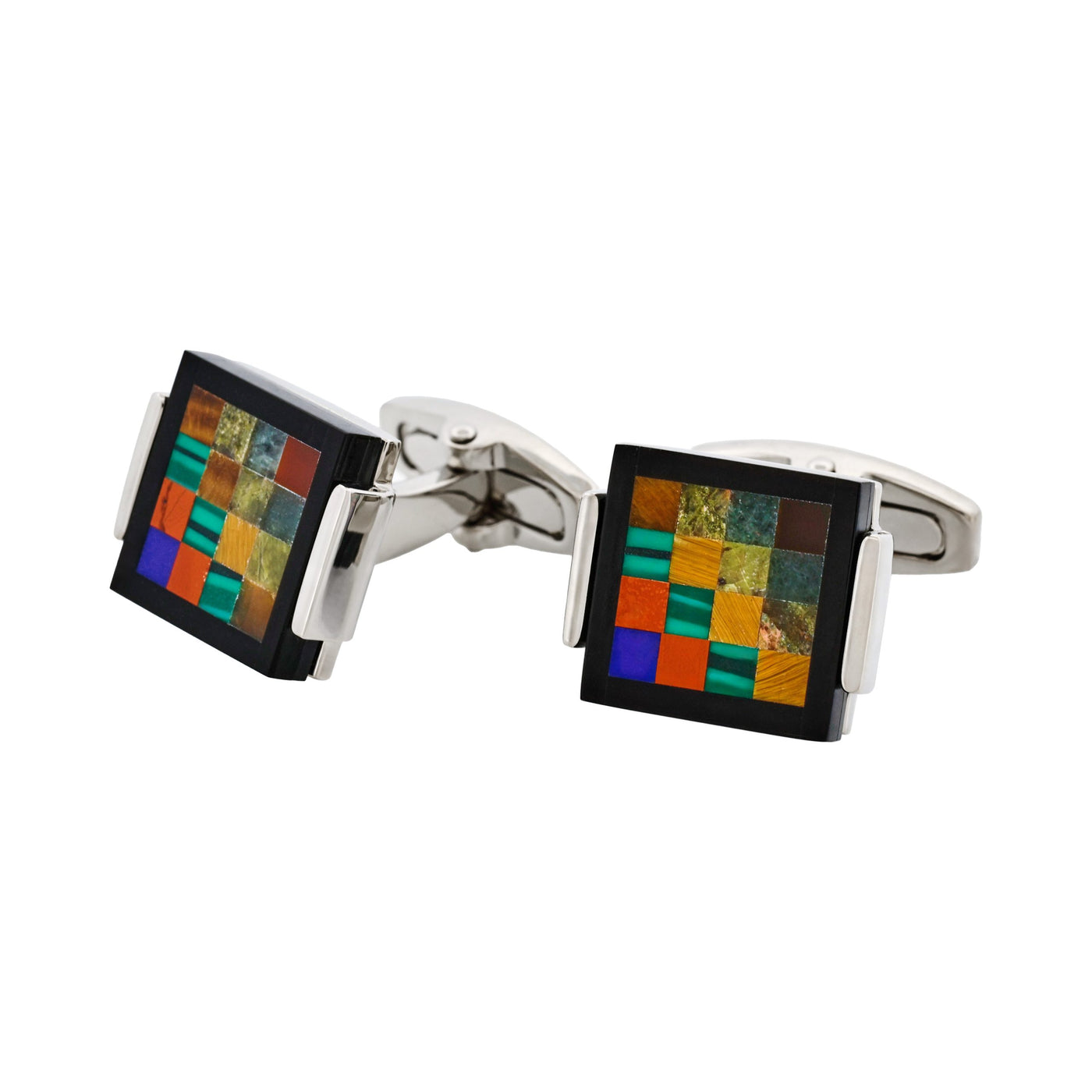 Rhodium Plated Onyx & Tiger Eye & Unakite & Green Aventurine & Red Agate Cufflinks