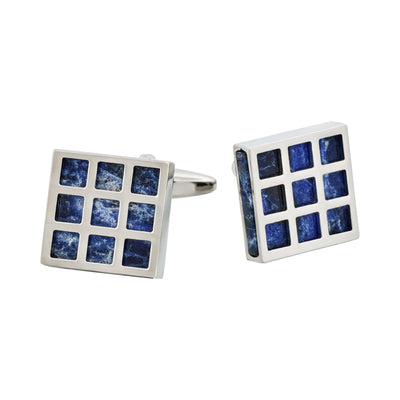 Rhodium Plated Square Patterned Lapis Cufflinks