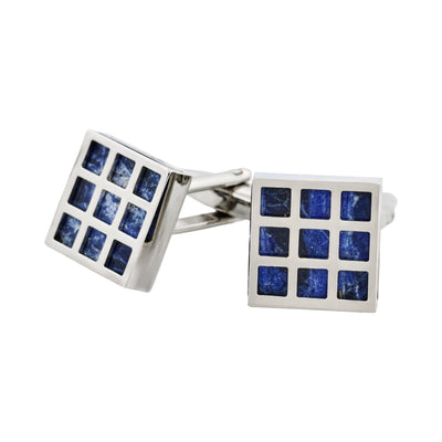 Rhodium Plated Square Patterned Lapis Cufflinks