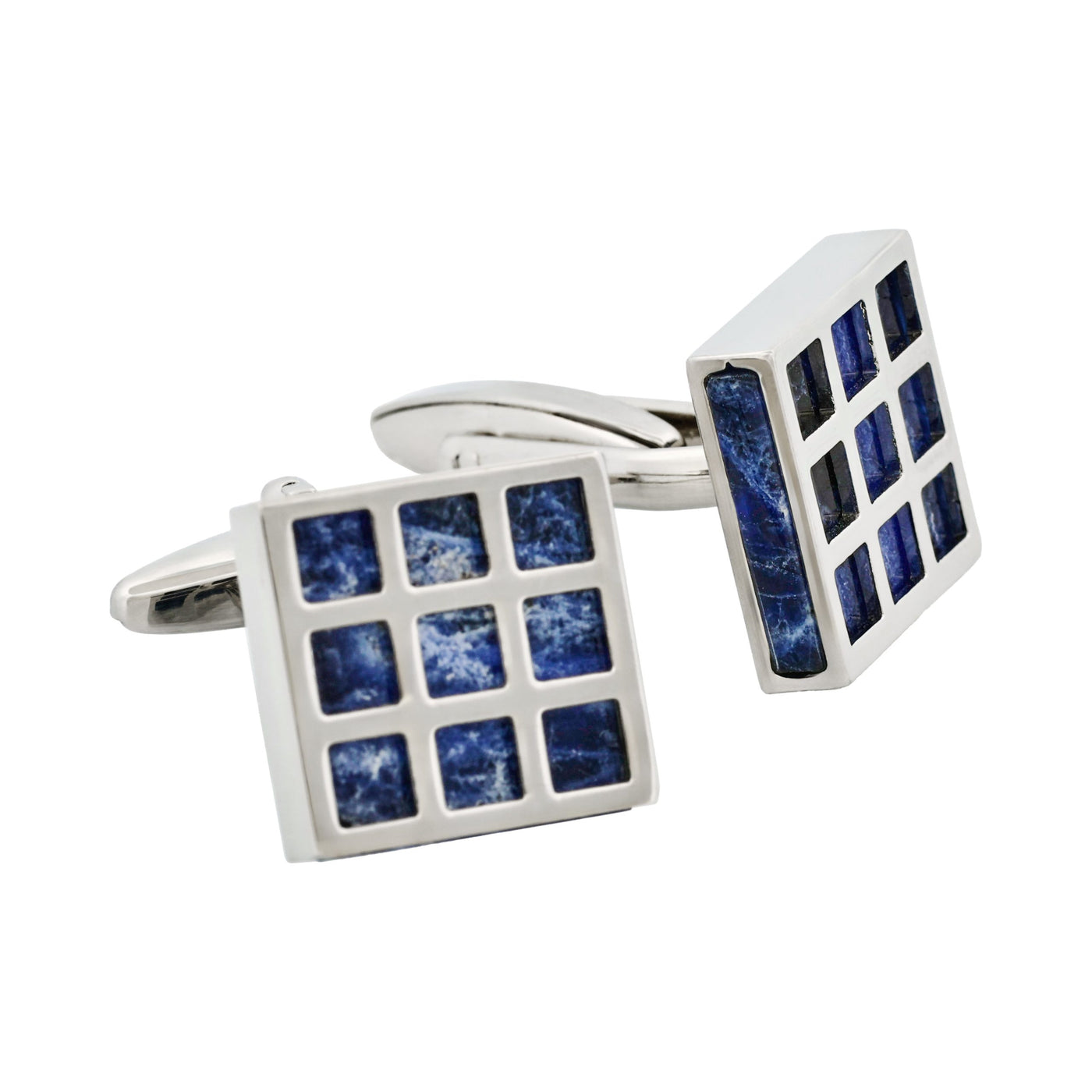 Rhodium Plated Square Patterned Lapis Cufflinks