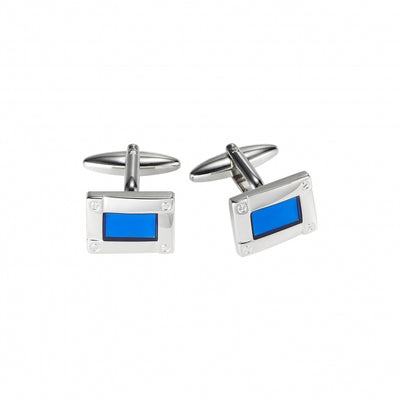 Polished Rhodium Plated Rectangle Cufflinks with Screw Details & Sky Blue Inlay
