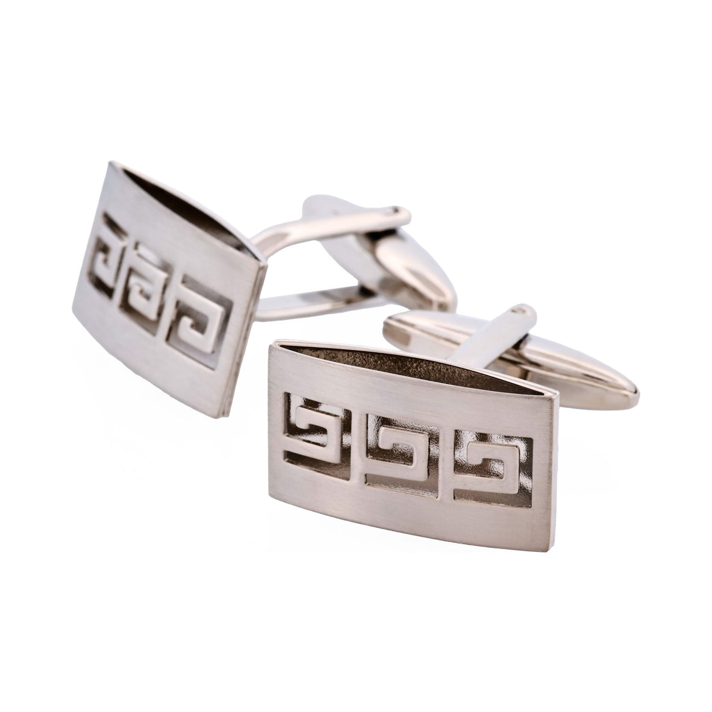 Brushed Rhodium Plated & Cutout Greek Key Patterned Cufflinks