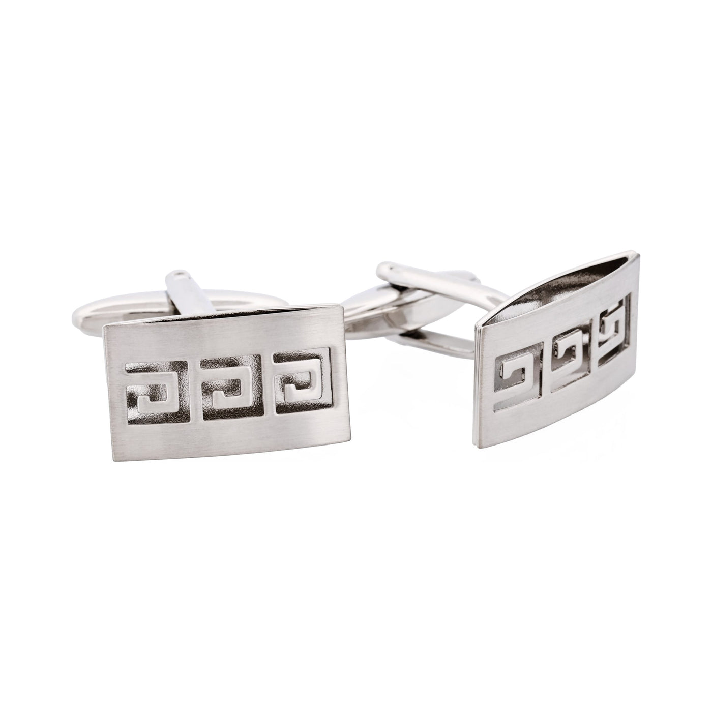 Brushed Rhodium Plated & Cutout Greek Key Patterned Cufflinks
