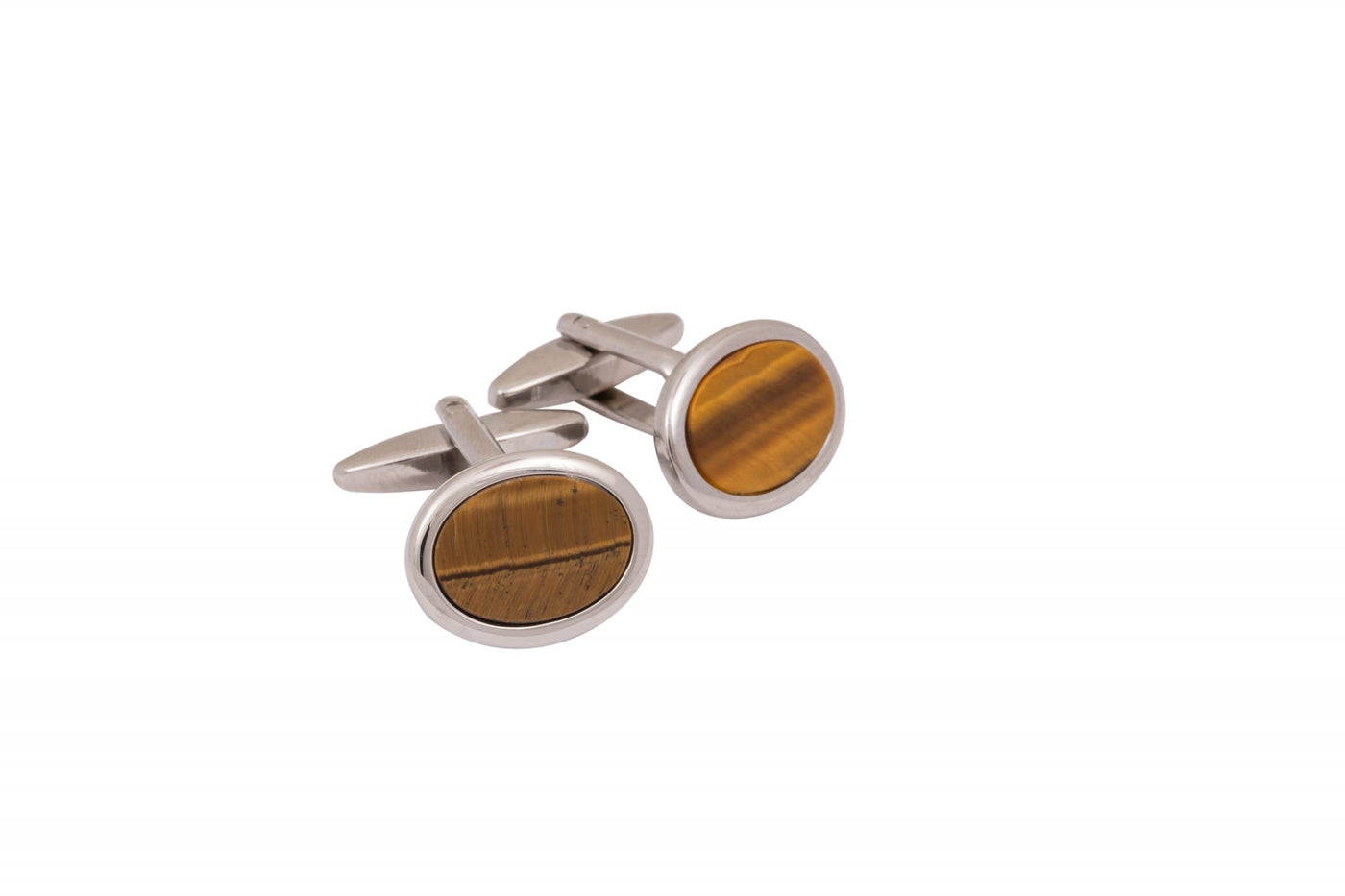 Rhodium Plated Tiger Eye Oval Cufflinks
