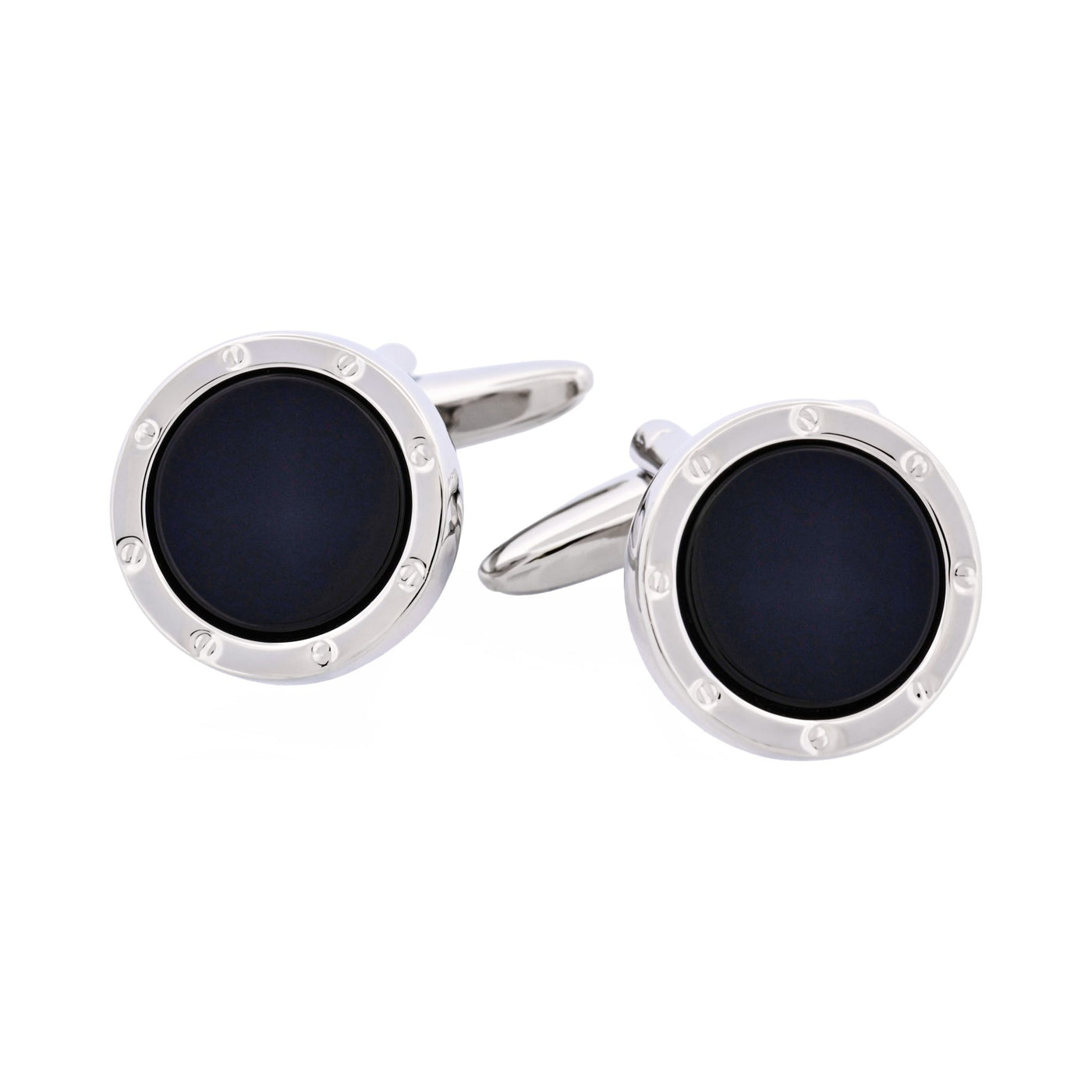 Rhodium Plated & Round Onyx Cufflinks with Screws