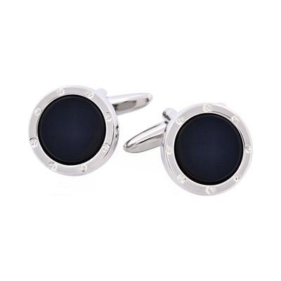 Rhodium Plated & Round Onyx Cufflinks with Screws