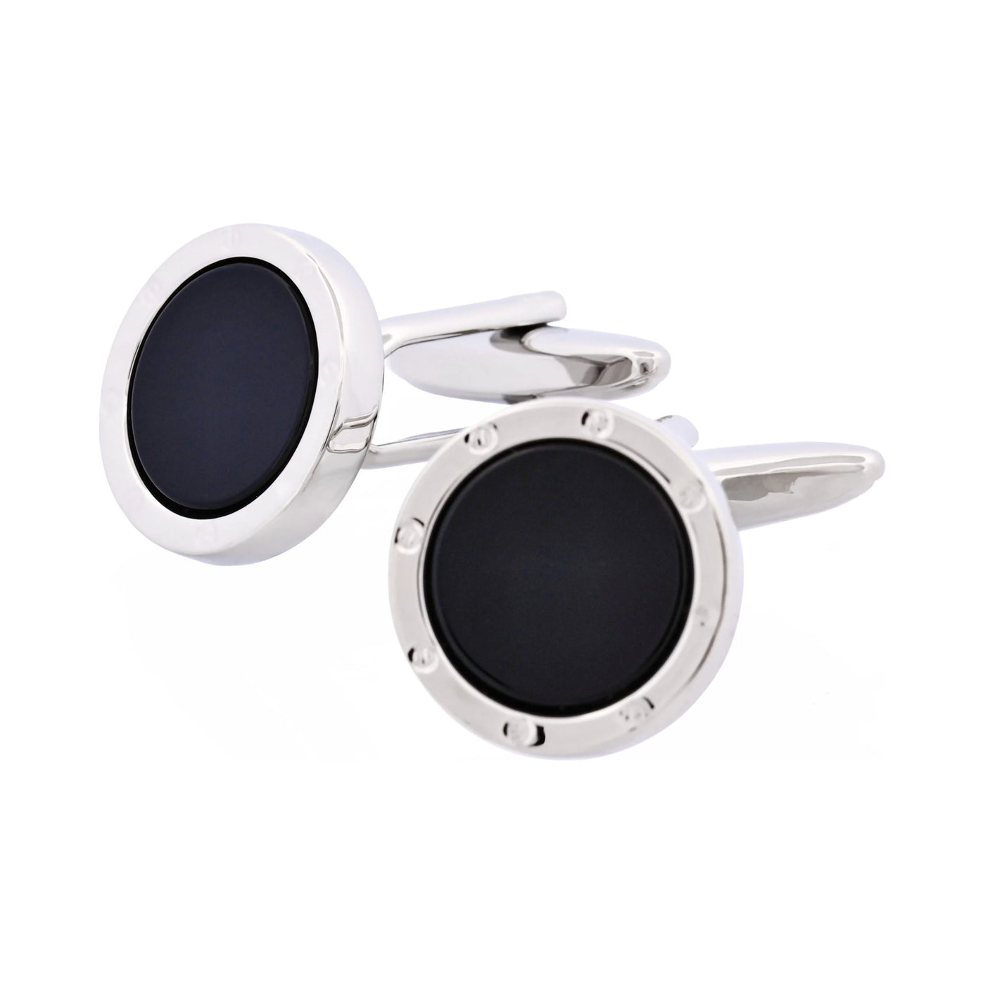 Rhodium Plated & Round Onyx Cufflinks with Screws