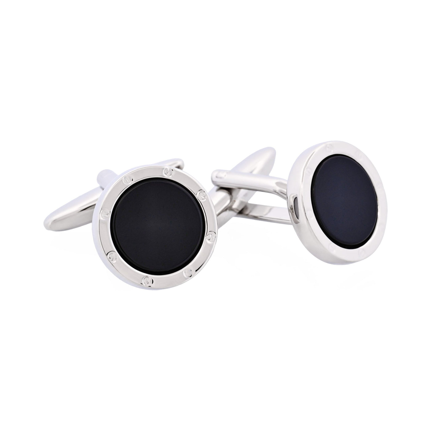 Rhodium Plated & Round Onyx Cufflinks with Screws
