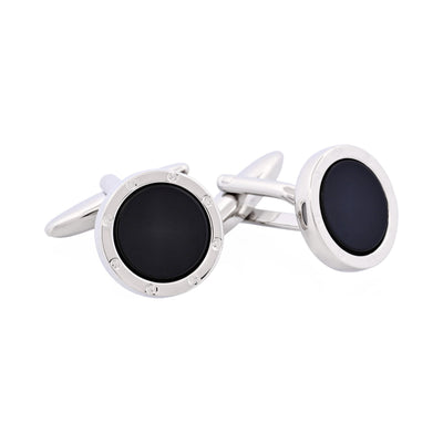 Rhodium Plated & Round Onyx Cufflinks with Screws