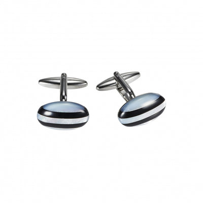 Polished Rhodium Plated Oval Curved Face Mother Of Pearl with Onyx Stripes Cufflinks