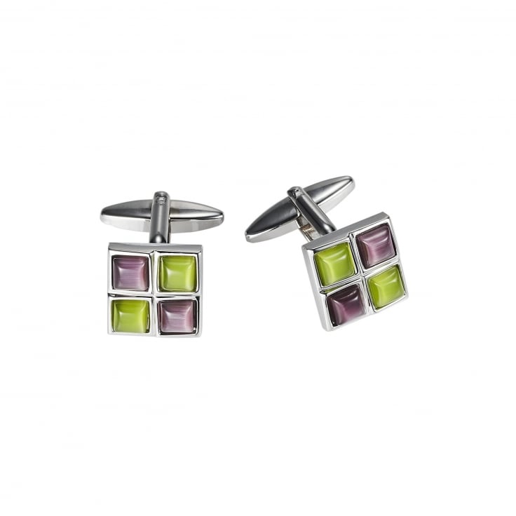 Polished Rhodium Plated Square Cufflinks with 2 Maroon & 2 Charteuse Cat’s Eye Inlays