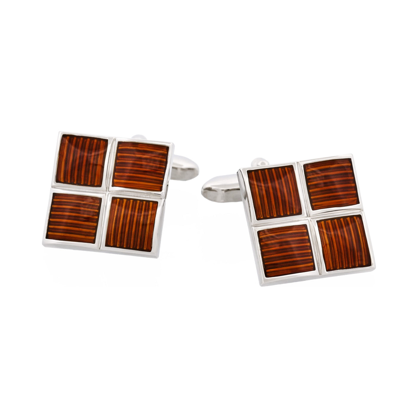 Polished Rhodium Plated Square Cufflinks with 4 Coffee Enamel Inlays