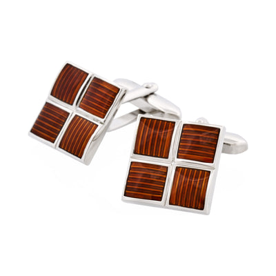 Polished Rhodium Plated Square Cufflinks with 4 Coffee Enamel Inlays